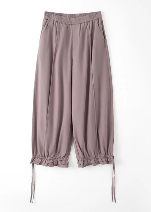 New Purple Cinched Elastic Waist Cotton Crop Pants Trousers Summer