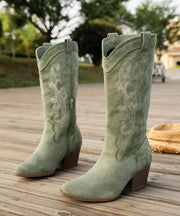 New Purple Embossed Zippered Boots Chunky Suede Pointed Toe Boots