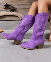 New Purple Embossed Zippered Boots Chunky Suede Pointed Toe Boots