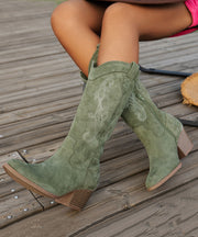 New Purple Embossed Zippered Boots Chunky Suede Pointed Toe Boots