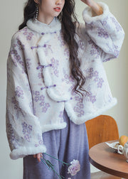 New Purple Fur Collar Button Patchwork Cotton Filled Parkas Winter