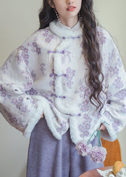 New Purple Fur Collar Button Patchwork Cotton Filled Parkas Winter