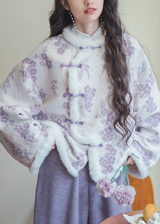 New Purple Fur Collar Button Patchwork Cotton Filled Parkas Winter
