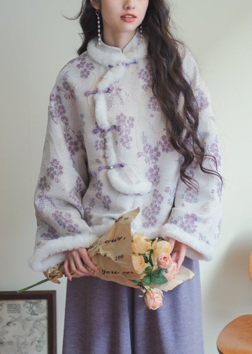 New Purple Fur Collar Button Patchwork Cotton Filled Parkas Winter