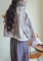 New Purple Fur Collar Button Patchwork Cotton Filled Parkas Winter