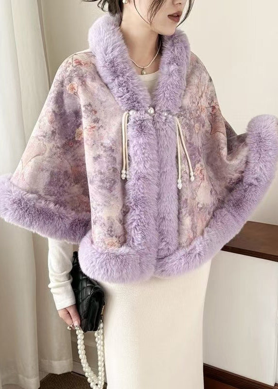 New Purple Fur Collar Print Warm Fleece Cape Coats Winter