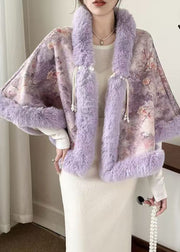 New Purple Fur Collar Print Warm Fleece Cape Coats Winter