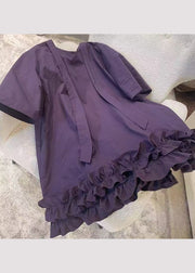 New Purple O Neck Ruffled Patchwork Cotton Mid Dresses Summer