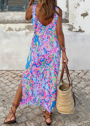 New Purple Print Side Open Cotton Maxi Dress Sleeveless