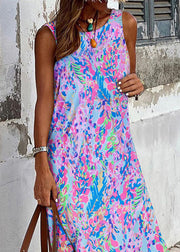 New Purple Print Side Open Cotton Maxi Dress Sleeveless