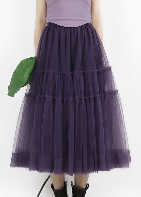 New Purple Ruffled Elastic Waist Tulle Skirts Summer