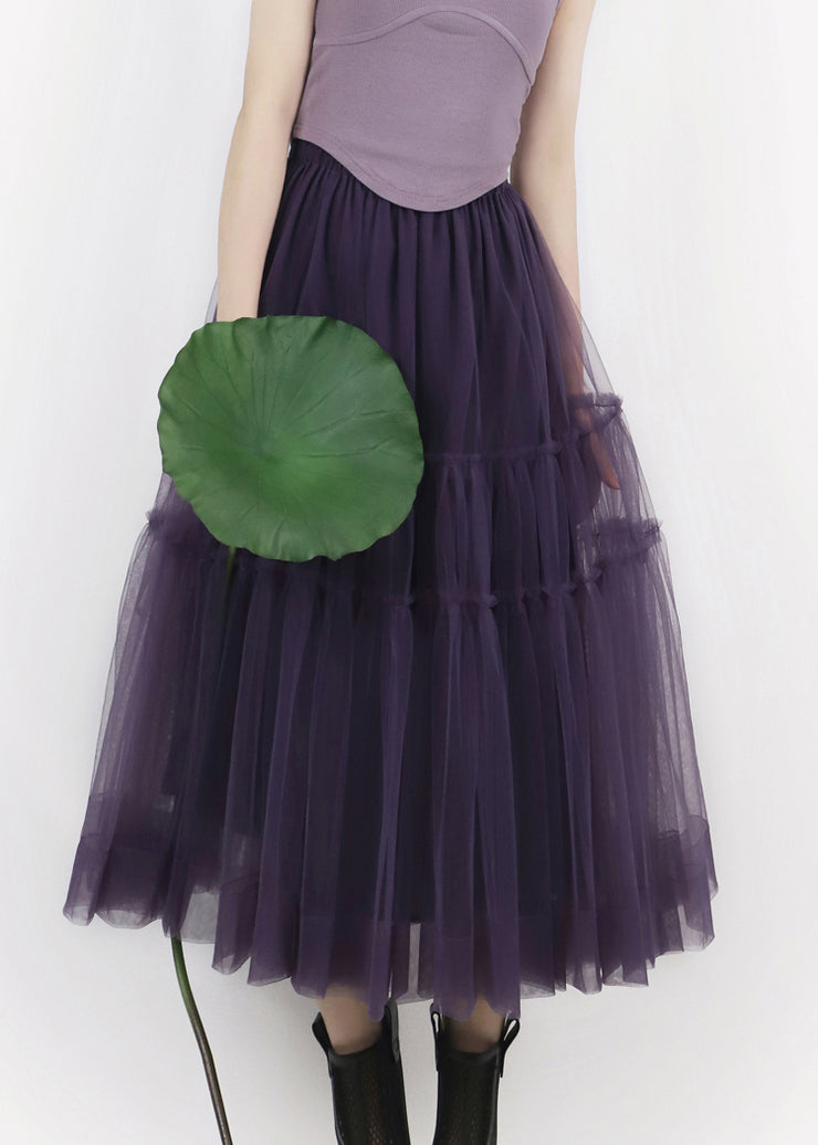 New Purple Ruffled Elastic Waist Tulle Skirts Summer