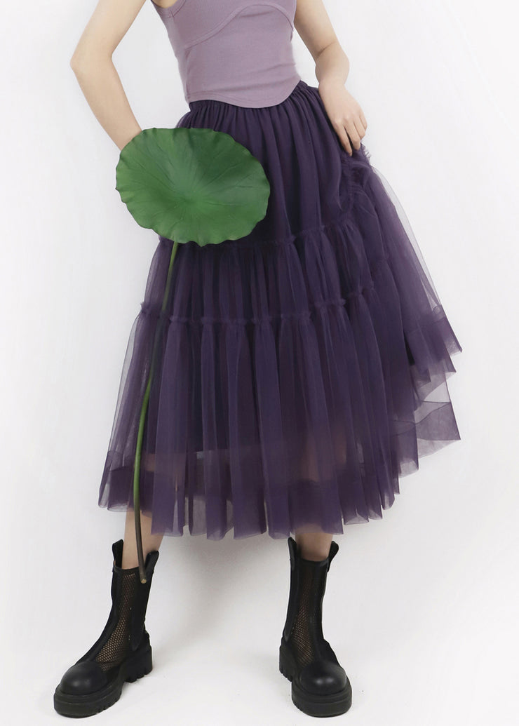 New Purple Ruffled Elastic Waist Tulle Skirts Summer