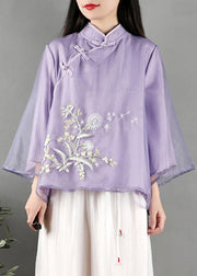 New Purple Stand Collar Embroidered Button Tulle Shirt Spring