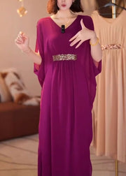 New Purple V Neck Patchwork Chiffon Dress Batwing Sleeve