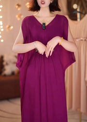 New Purple V Neck Patchwork Chiffon Dress Batwing Sleeve