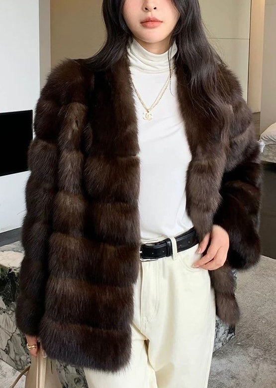 New Purple V Neck Pockets Leather And Fur Coat Winter