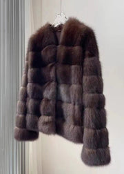 New Purple V Neck Pockets Leather And Fur Coat Winter