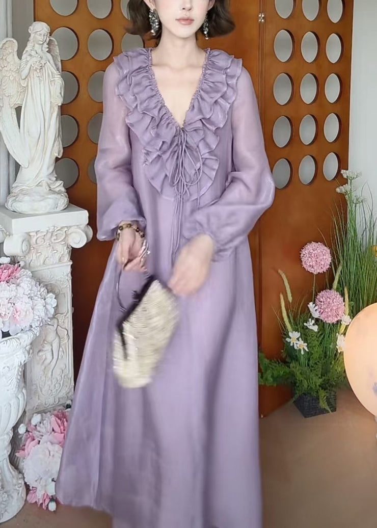 New Purple V Neck Ruffled Lace Up Silk Long Dress Fall