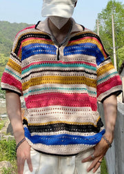 New Rainbow Peter Pan Collar Striped Hollow Out Knit Men Polo Shirt Summer