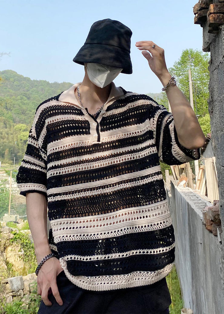 New Rainbow Peter Pan Collar Striped Hollow Out Knit Men Polo Shirt Summer