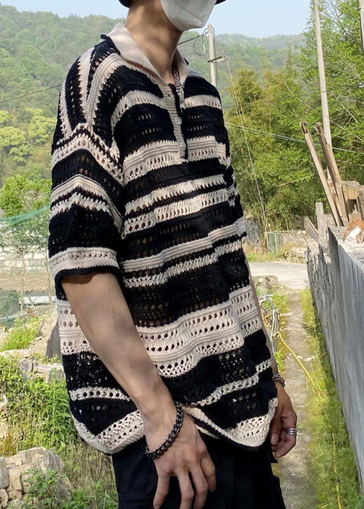 New Rainbow Peter Pan Collar Striped Hollow Out Knit Men Polo Shirt Summer