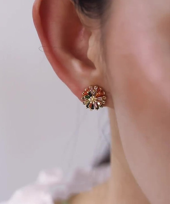 New Rainbow Sterling Silver Zircon Floral Stud Earrings