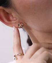 New Rainbow Sterling Silver Zircon Floral Stud Earrings