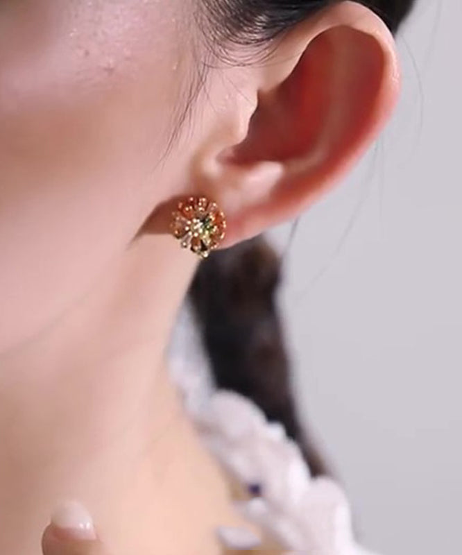 New Rainbow Sterling Silver Zircon Floral Stud Earrings