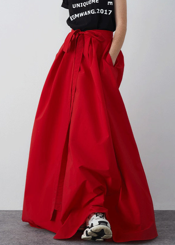 New Red Bow Pockets Cotton Maxi Skirts Summer