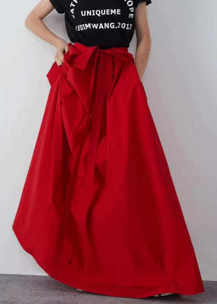 New Red Bow Pockets Cotton Maxi Skirts Summer