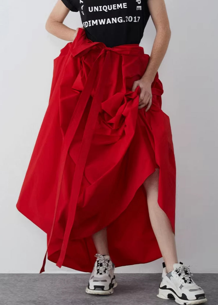 New Red Bow Pockets Cotton Maxi Skirts Summer