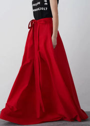 New Red Bow Pockets Cotton Maxi Skirts Summer
