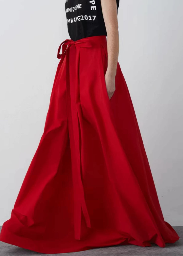 New Red Bow Pockets Cotton Maxi Skirts Summer
