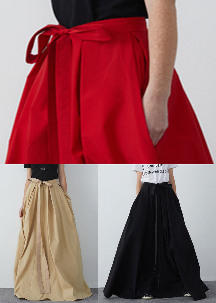 New Red Bow Pockets Cotton Maxi Skirts Summer