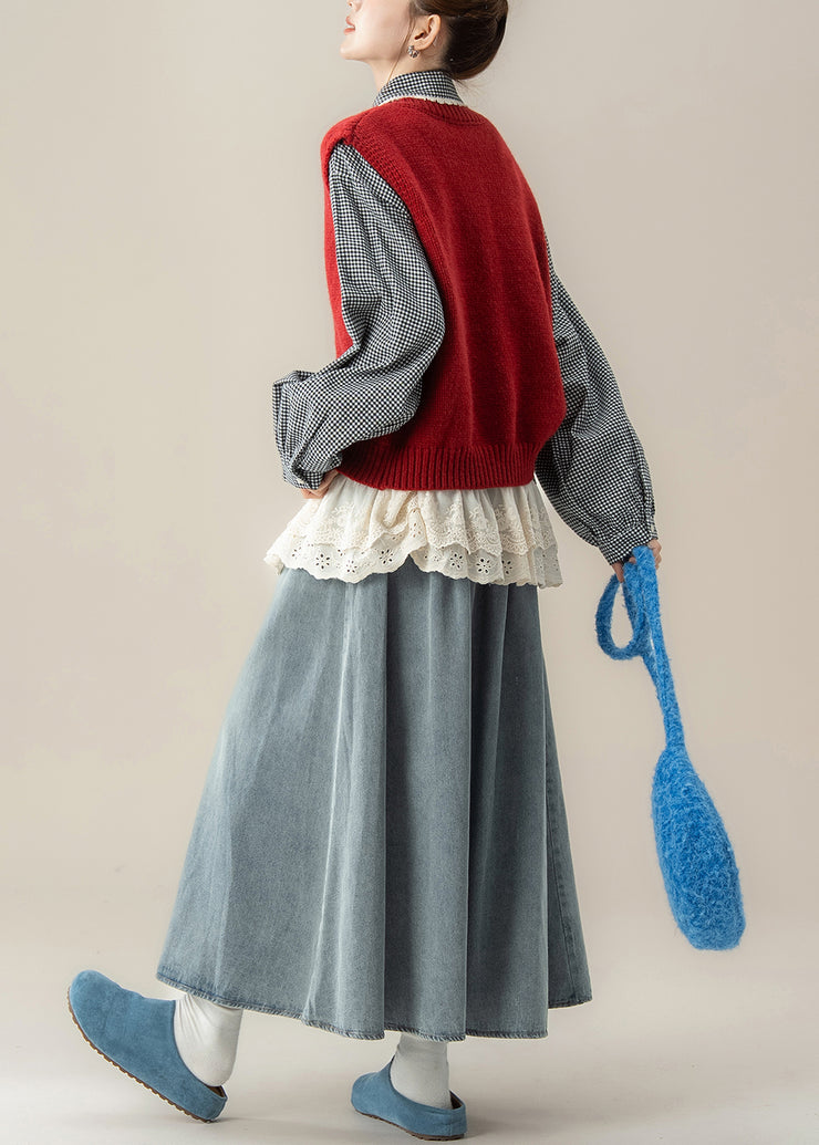 New Red Button Knit Vest And Blue Denim Skirts Patchwork Plaid Shirts Three Piece Set Fall