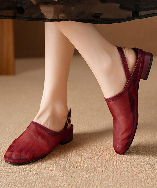New Red Cowhide Leather Tulle Splicing Walking Sandals