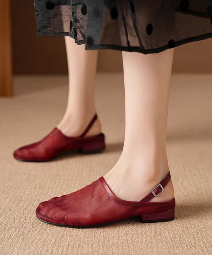 New Red Cowhide Leather Tulle Splicing Walking Sandals
