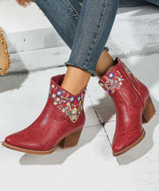 New Red Embossed Zippered Faux Leather Chunky Boots