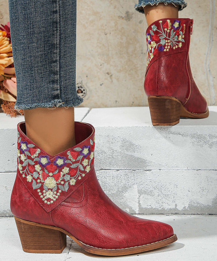 New Red Embossed Zippered Faux Leather Chunky Boots