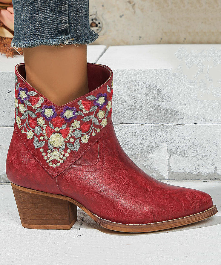 New Red Embossed Zippered Faux Leather Chunky Boots