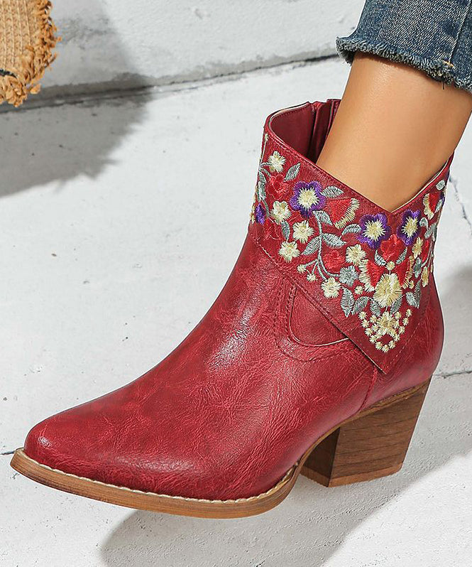 New Red Embossed Zippered Faux Leather Chunky Boots