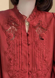 New Red Embroidered Ruffled Button Cotton Shirt Long Sleeve
