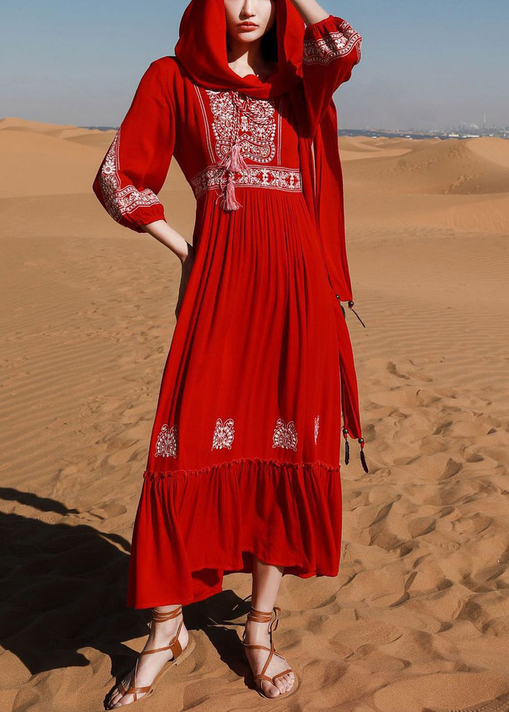 New Red Embroidered Ruffled Lace Up Cotton Vacation Dress Bracelet Sleeve