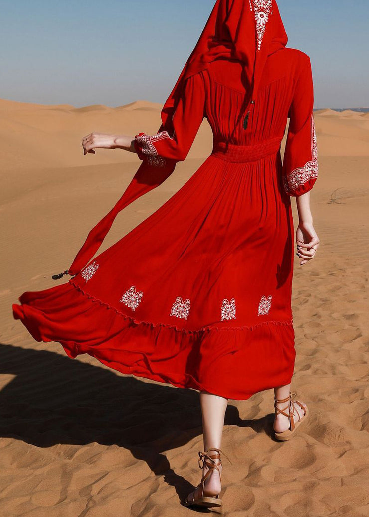 New Red Embroidered Ruffled Lace Up Cotton Vacation Dress Bracelet Sleeve