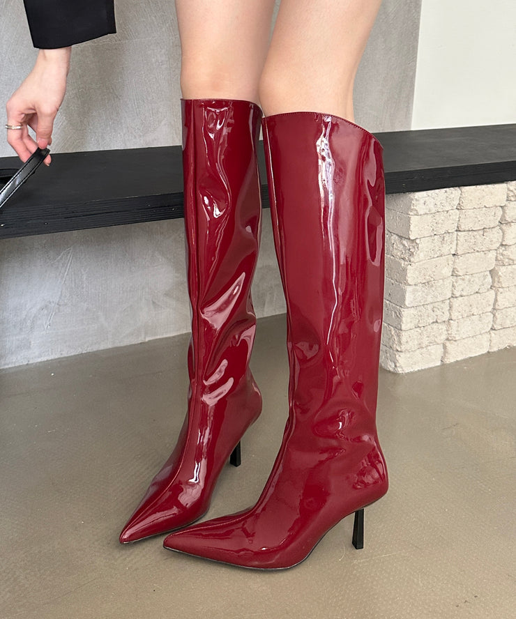 New Red Faux Leather Stiletto Knee Boots Pointed Toe