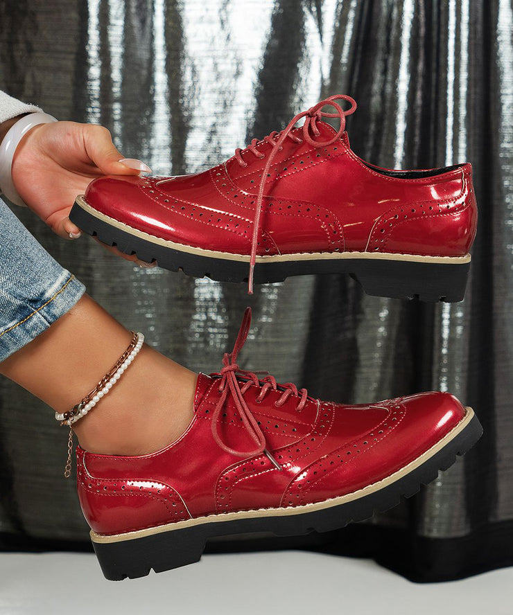 New Red Hollow Out Lace Up Faux Leather Flats Shoes