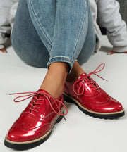 New Red Hollow Out Lace Up Faux Leather Flats Shoes