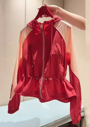 New Red Hooded Zippered Drawstring Patchwork Cotton Coats Summer