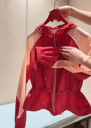 New Red Hooded Zippered Drawstring Patchwork Cotton Coats Summer